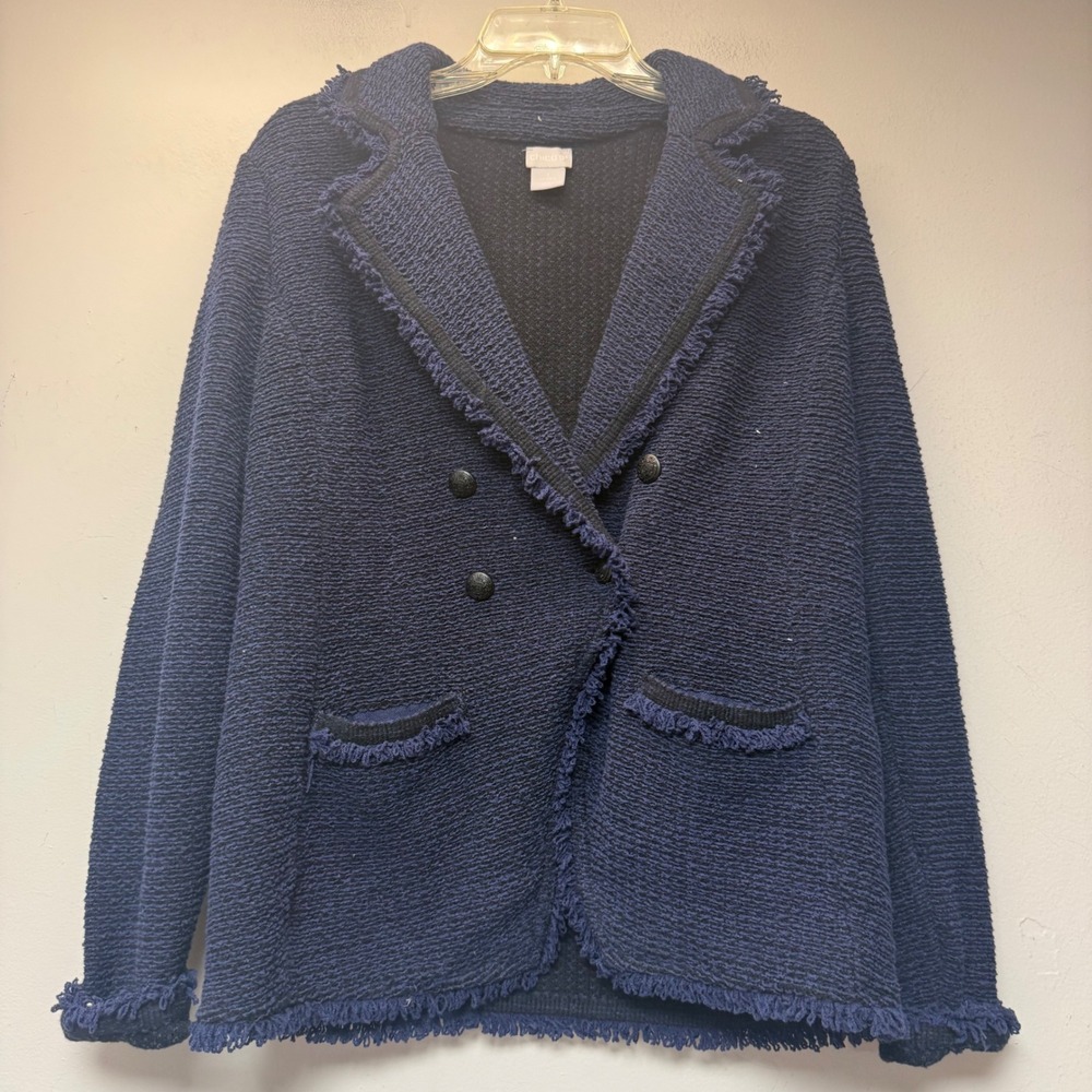 Chico's Knit Blazer Womens 1 M Navy Blue Excellent Fringe Double Breasted Jacket